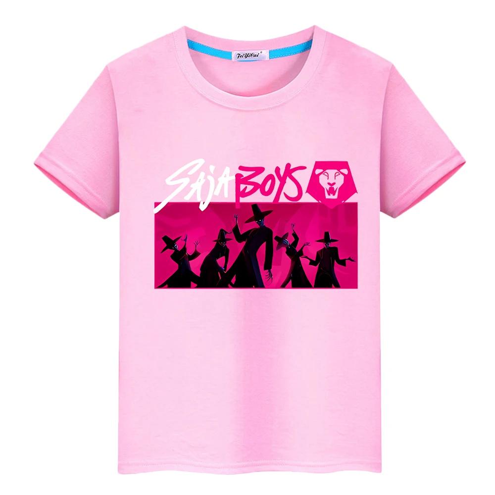 Saja Boys Print Kawaii Tees 100%Cotton Cute Tops Y2k Kpop Demon Hunters T Shirt for Kids Boy 10year Anime Short Girls Clothes
