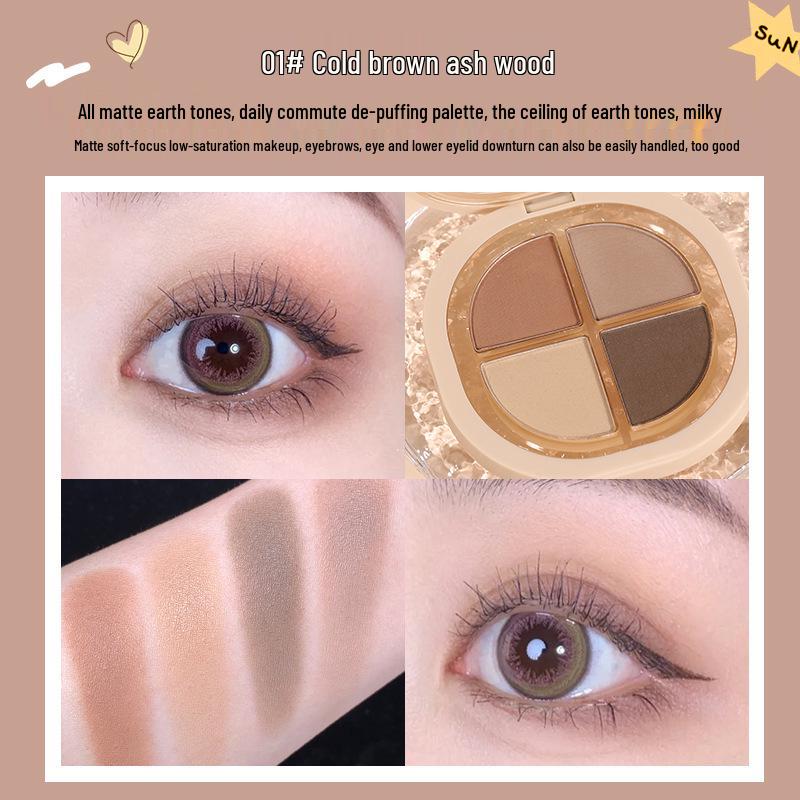 New Four-Color Eyeshadow Palette: High-Shimmer, Waterproof, Sweatproof, Smudge-Free, Perfect for Students.