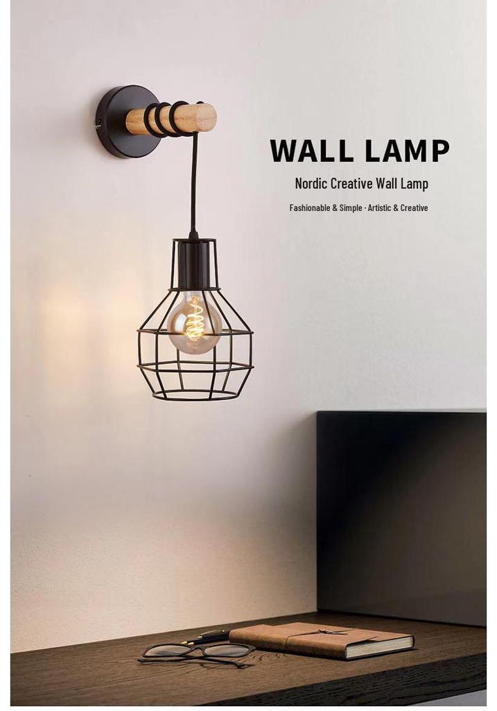 American Iron Art Wood Wall Lamp, E27 Single Head - Bedroom, Hallway, Corridor