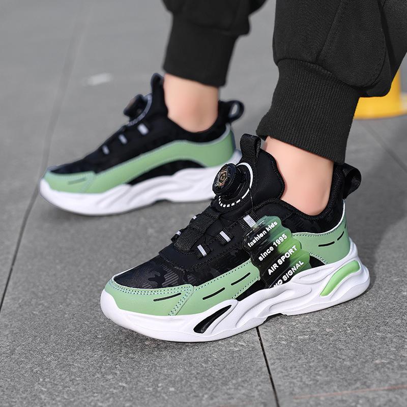 Boys Running Shoes Leather Surface Breathable Autumn Basketball Shoes Children's Sports Shoes Rotating Buckle Boys Students All-round Trendy Shoes