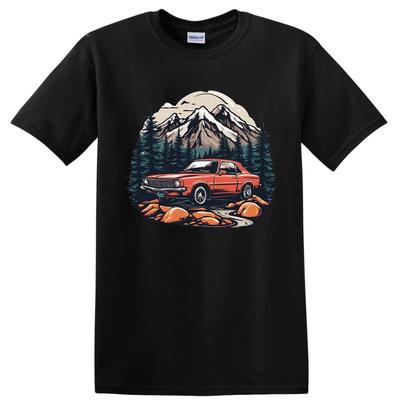 Vintage Car Mountains Adventure T Shirt Retro Classic Tee Nature Scenic Design