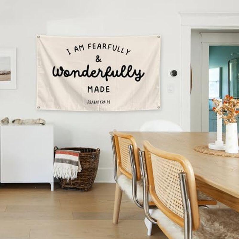 Fearfully Wonderfully Made Psalm Quote Wall Tapestry Beige Black Text Bible Verse Christian Religious Scripture Bedroom