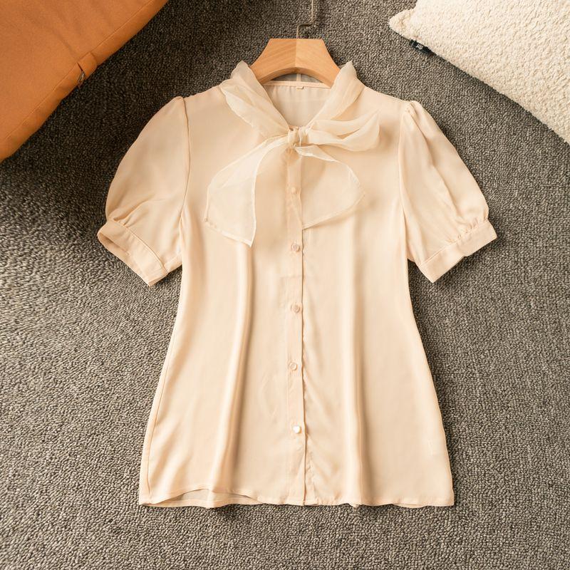 

Summer Export K-style New Fashion Simple Casual Temperament Lace-up Short Sleeve Single-Breasted Tops Beige All yards