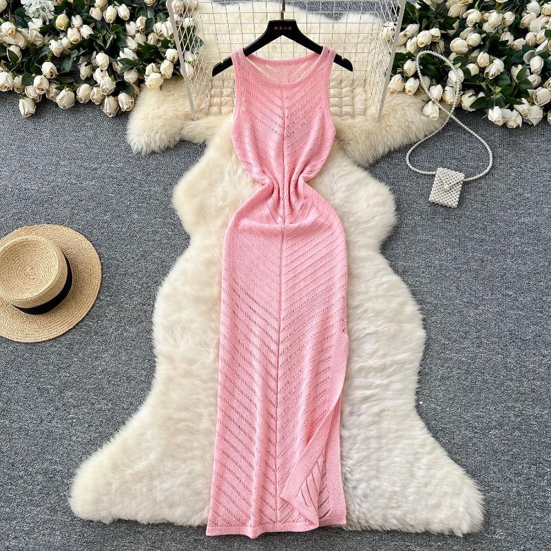 

Women s Openwork Round-neck Sleeveless Knitted Dress Slimming and Figure-hugging Split Vest Dress One Size рожевий
