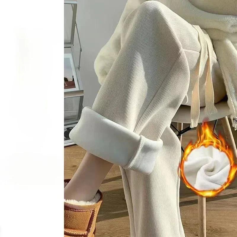 

Winter Warm Thicken Lambwool Fluff Wide Leg Pants Women Korean Fashion Casual Snow Wear Pantalone Baggy Plush Fleece Spodnie New XL