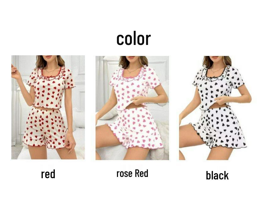 European Summer Heart Print Ruffled Pajama Set: Sweet Short Sleeve Women's Home Wear