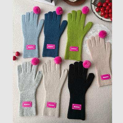 High End Touch Screen Warm Winter Thickened Wool Balls with Contrasting Colors and Funny Hand Knitted Gloves