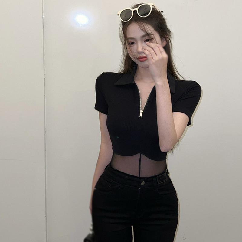 Slim Women's Short Sleeves Mesh Stitching Perspective Jumpsuit  One-piece