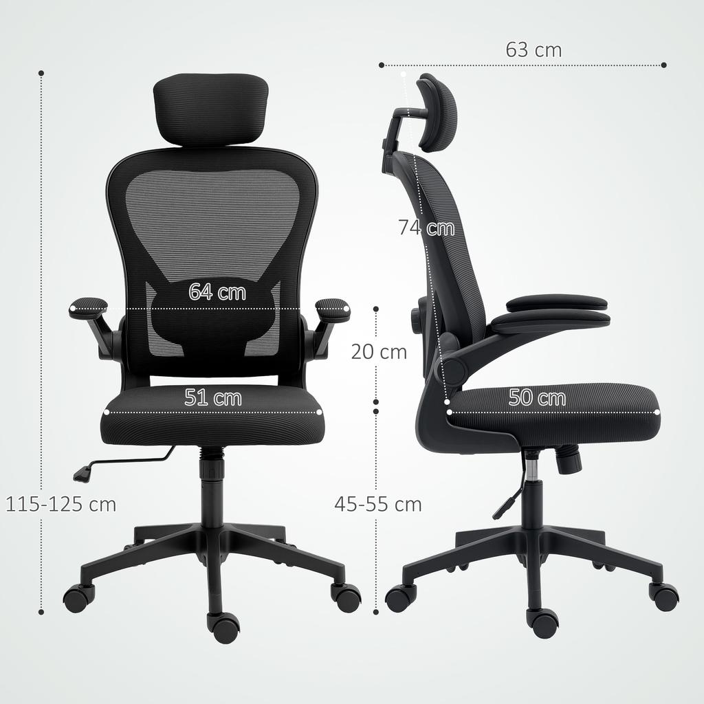 Office Chair, Ergonomic Desk Chair with Flip-Up Armrests, Adjustable Lumbar Support, Black