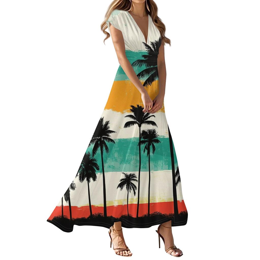 Women's Summer Casual Fashion Beach Printed Dresses V-Neck Short Sleeve Dresses