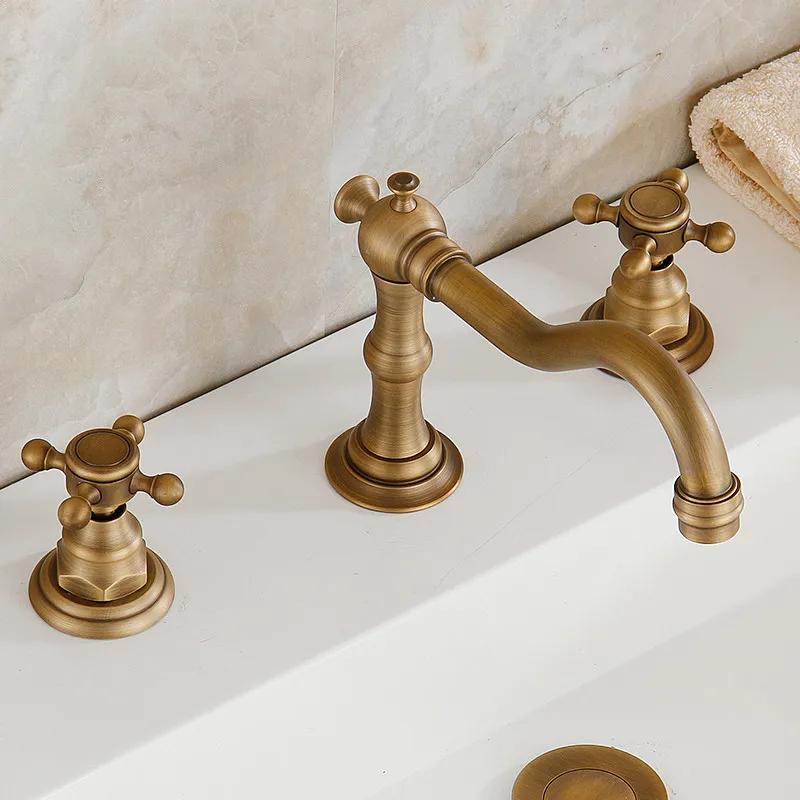 

Basin Faucets Antique Brass Deck Mounted Bathtub Mixer Faucet Dual Handle 3 holes Bathroom Faucet Set Water Tap Tub Faucet
