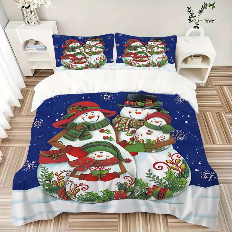 3pcs Christmas Snowman Family Decorative Bedding Set, Includes One Quilt Cover and Two Pillowcases (No Core), Gift for Home Décor, Anime Cartoon