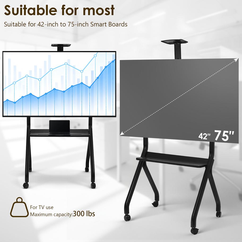 Mobile TV Display Stand for 42-75in Interactive Whiteboards & TVs Monitors Display Trolley Hold 300LBS for Office Classroom Home