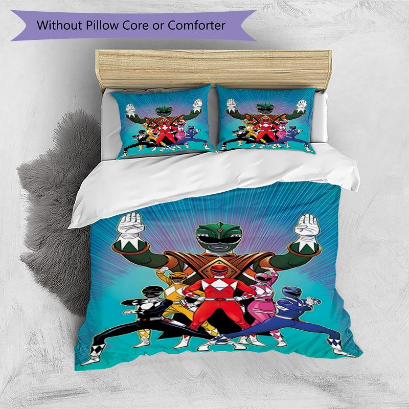 Parure de lit 3 pièces avec housse de couette (1*Housse de couette + 2*Taie d'oreiller, sans noyau),Ensemble de literie imprimé Mighty Morphin Power Rangers, Décor de chambre à coucher, Toutes saisons, Anniversaire