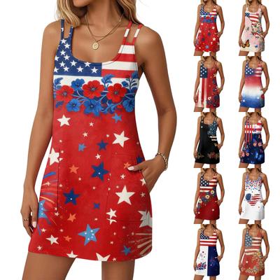 Women's Casual Sleeveless Dress Double Strap Pocket Dress Independence Day Print Sleeveless Summer Dress