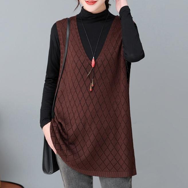 Women's Plus-Size Thin Loose Solid Color Hollow-Out Sleeveless Knitted Vest V-Neck Cardigan Top for Outer Wear