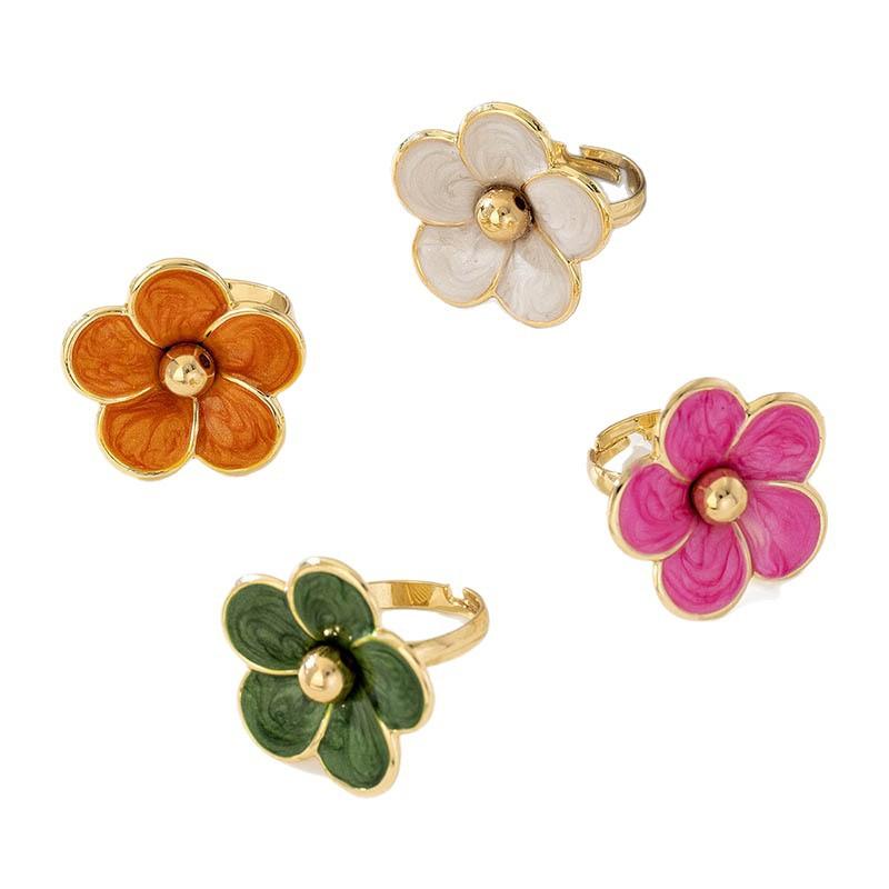 Gold Plated Colorful Enamel Flower Ring Elegant Dainty Floral Pattern Skin-friendly for Women Daily Date Wear Accessory