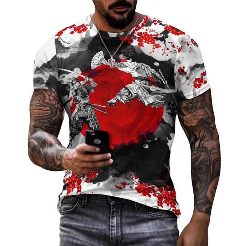 Japanese Samurai Ink Wash Graphic T Shirt for Men Clothing Harajuku Fashion 3D Printed T-shirt Women Clothes Vintage Streetwear