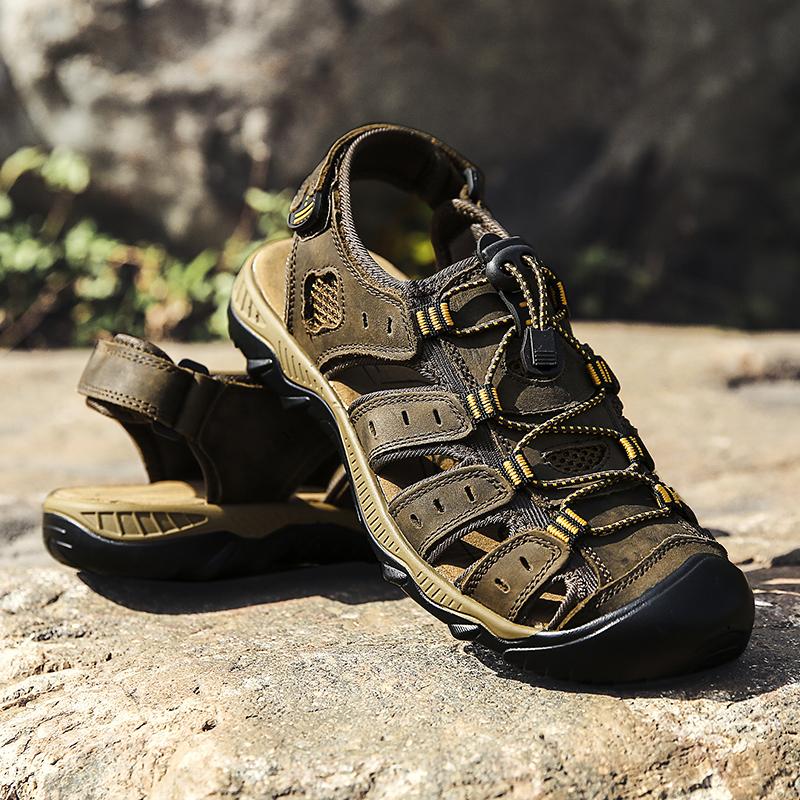 FashionGenuine Leather Men Sandals Anti-collision Toe Summer Shoes Outdoor Water Flats Quick Dry Wading Aqua Shoes Man Non-Slip Sandals