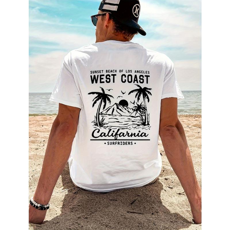 T-shirt da uomo casual larga in 100% cotone puro, stile retrò, con stampa a tema spiaggia California e surf, girocollo, manica corta