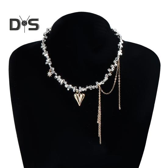 Irregular Stone Choker for Women Silver Tassel Heart Pendant Necklace Wedding Jewelry Gift for Wife Girlfriend On Valentine's Day Birthday Anniversary