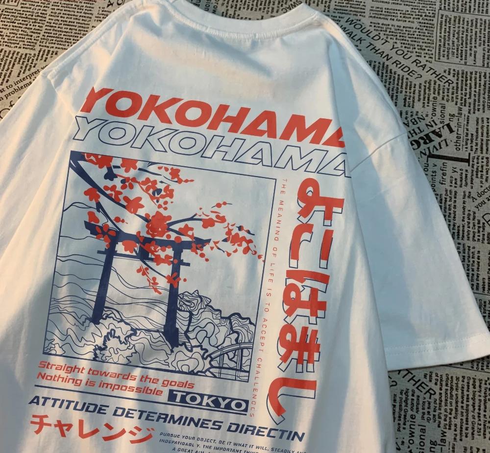 Camiseta de verano para hombre, estilo japonés con estampado de letras y patrón de flor de cerezo, top transpirable de manga corta y cuello redondo, ropa informal