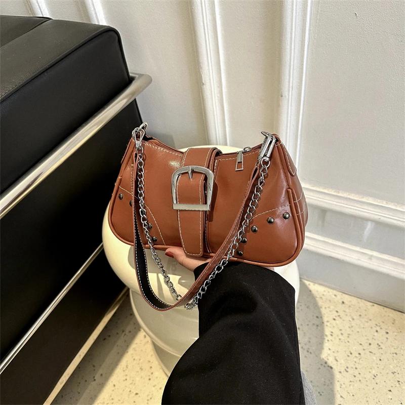 Vintage Rivet Women's Shoulder Bags Solid Color Ladies Underarm Bag Fashi Chain Small Handbags PU Leather Female Tote Purse