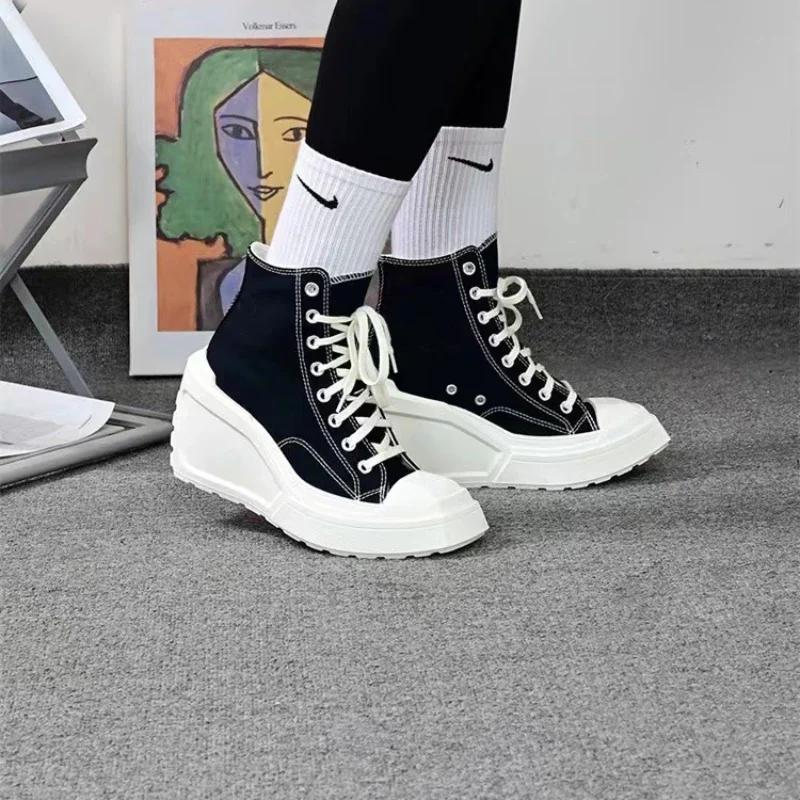 

Модная парусиновая обувь 2024 года, новые высокие женские туфли с покатым каблуком и круглой головкой, с перекрестными шнурками, однотонные женские парусиновые туфли для улицы в кампусе 36