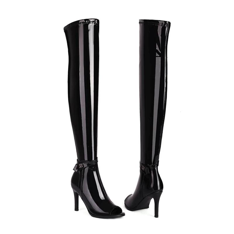 

Sexy Summer Peep Toe Over the Knee Boots Women Black Patent Leather Club Party Lady Thin Heel Buckle Zipper Long Thigh High Boot 33