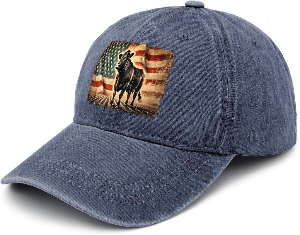 Angus Rind Amerikanische Flagge Denim Kappe Used Denim Gewaschen Verstellbar Outdoor Freizeit Hut für Erwachsene