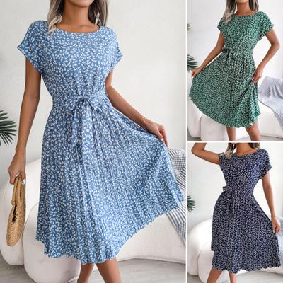 O-Neck Short Sleeve High-Waist Lace-Up Midi Dress Simple Floral Print Pleated Hem