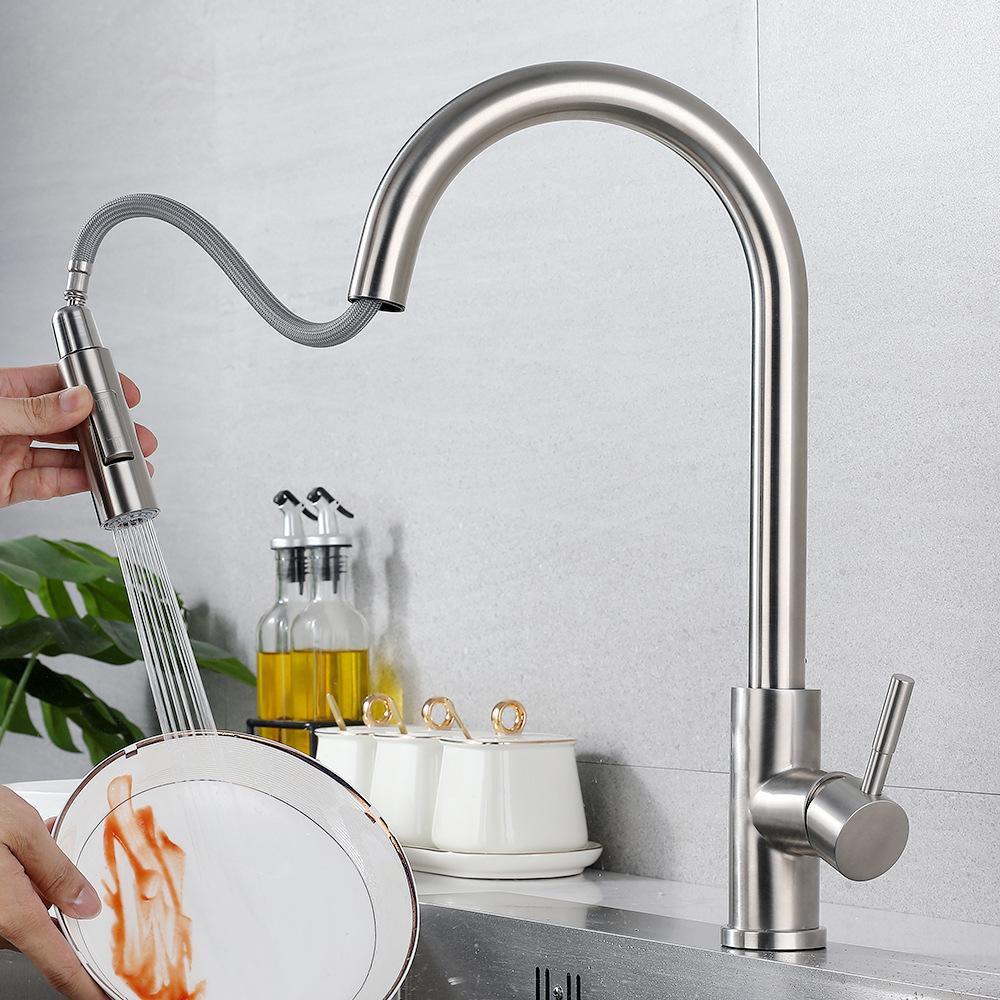 Stainless Steel Kitchen Pull-out Faucet Hot and Cold Household Splash-proof Sink Telescopic Sink Washing Basin Faucet