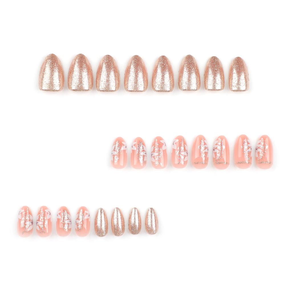 Almond-Shaped Gold Glitter Floral Press-On Nail Art Tips