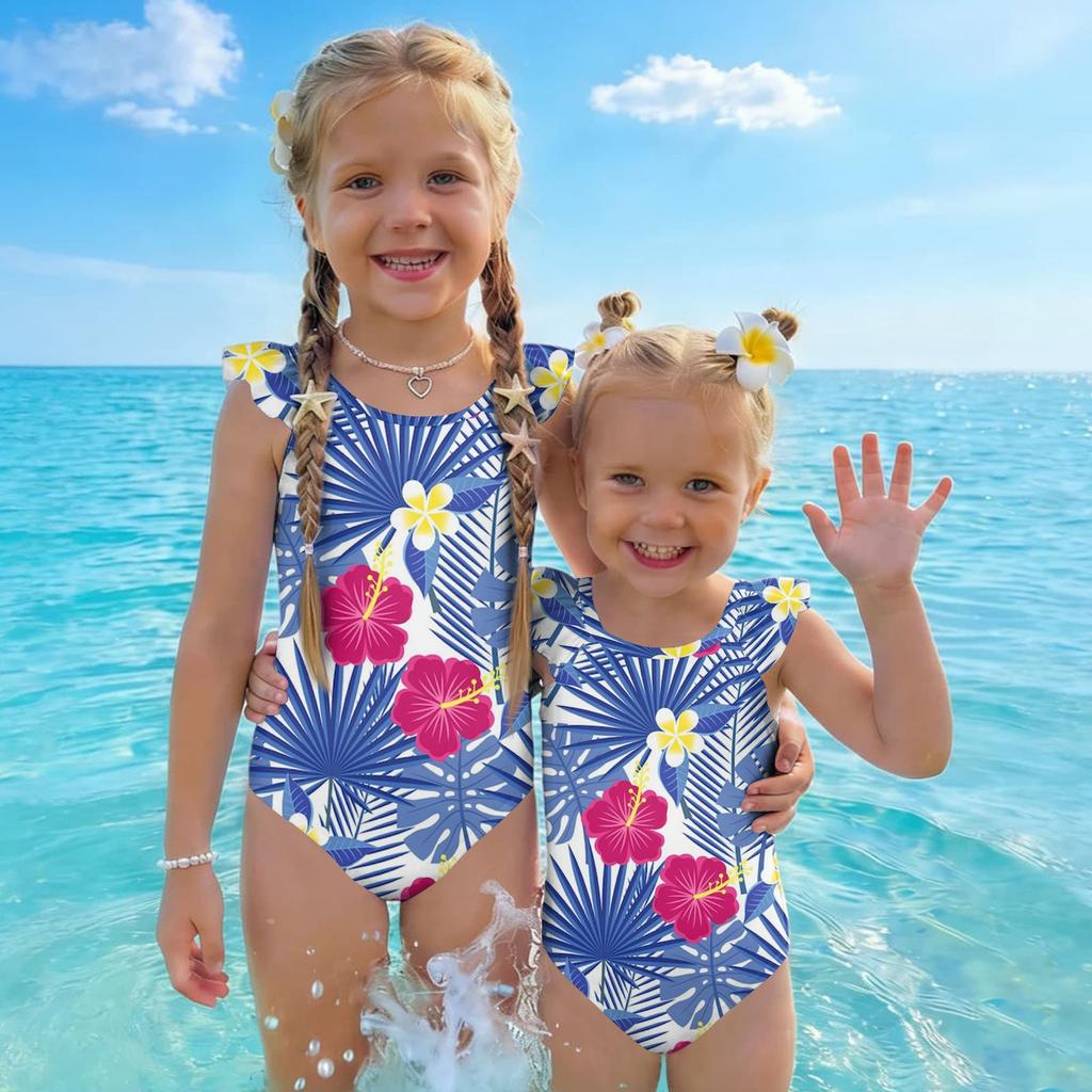 Girls One Piece Swimsuit Hawaiian Print Kids Swimwear Toddler Child Beachwear Sleeveless Ruffle Shoulder Bathing Suit for Summer Pool