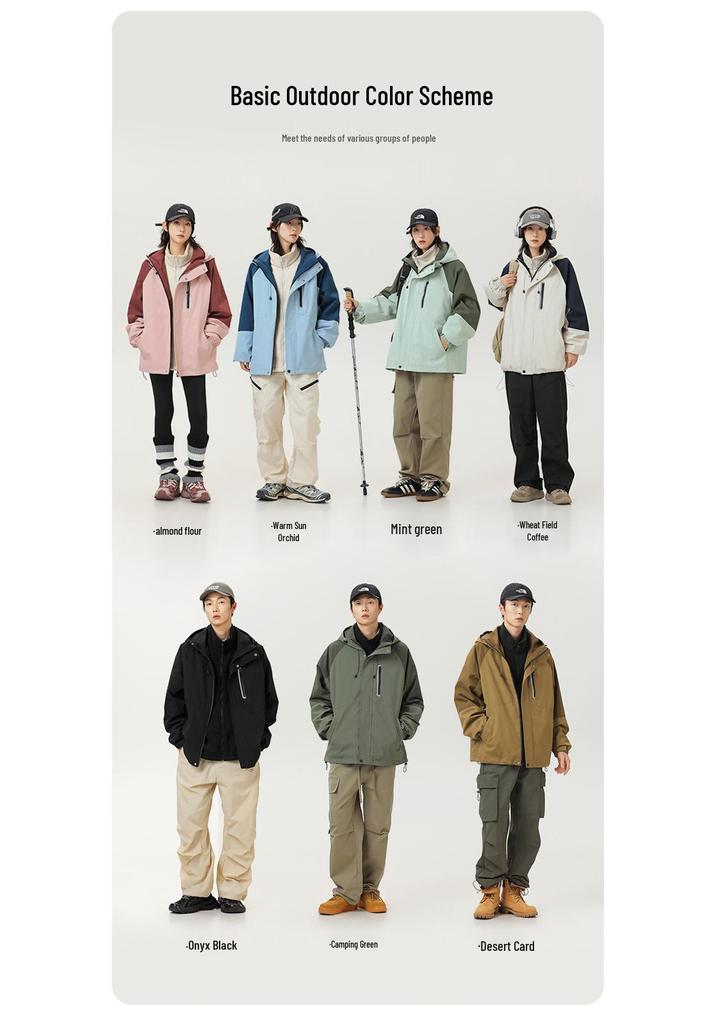 Unisex Trendy Three-in-One Waterproof Jacket for Autumn/Winter Outdoor Activities, Color-Blocked Design for Couples