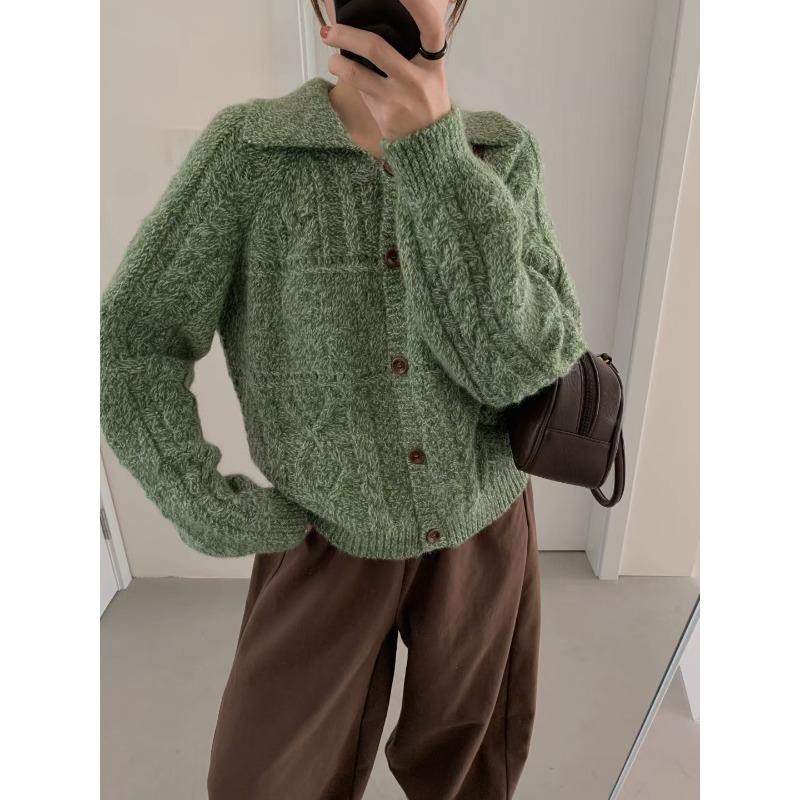 

Ретро кардиган крупной вязки с отворотами, женская одежда, осень и зима, новый мягкий восковой свободный ленивый свитер-жакет one size fits all зелёный