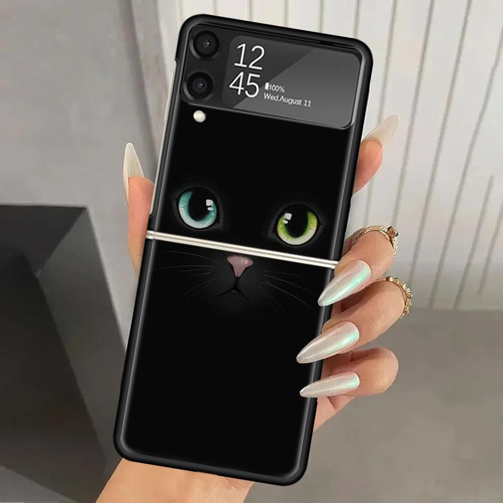 Cat Cute Kitten Cartoon Hard PC Phone Case For Samsung Galaxy Z Flip 7 6 5 4 3 Black ZFlip7 ZFlip6 Flip5 Flip4 Flip3 5G Print Co