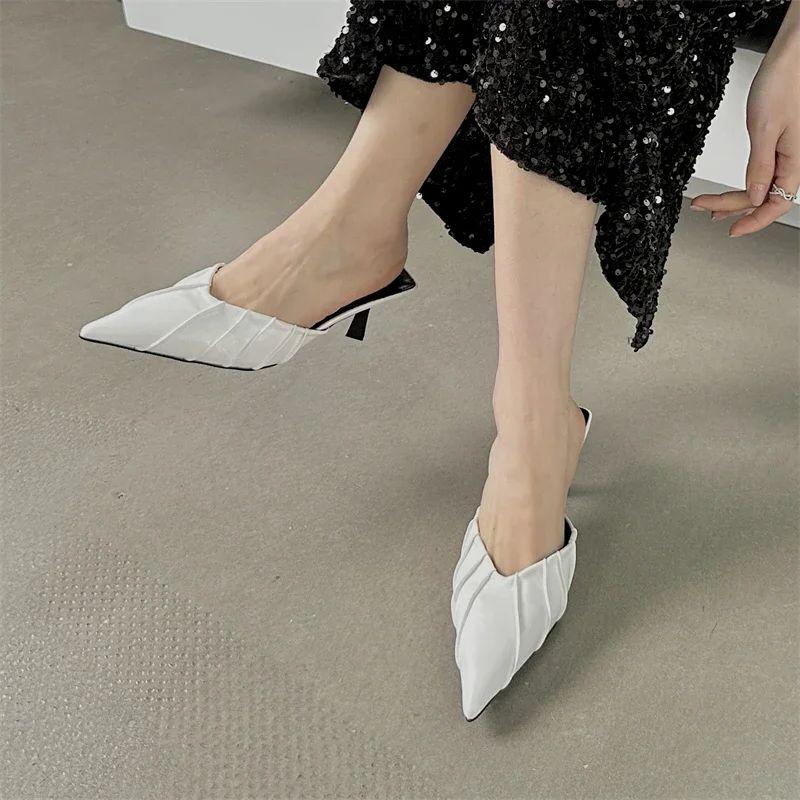Eilyken Spring Elegant Pleated Women Slipper Sexy Pointed Toe Thin Low Heels Slingback Mules Shoes