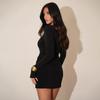 Solid Color Slim Fit Round Neck Shirred Mini Dress - European & American Women's Autumn/Winter Collection