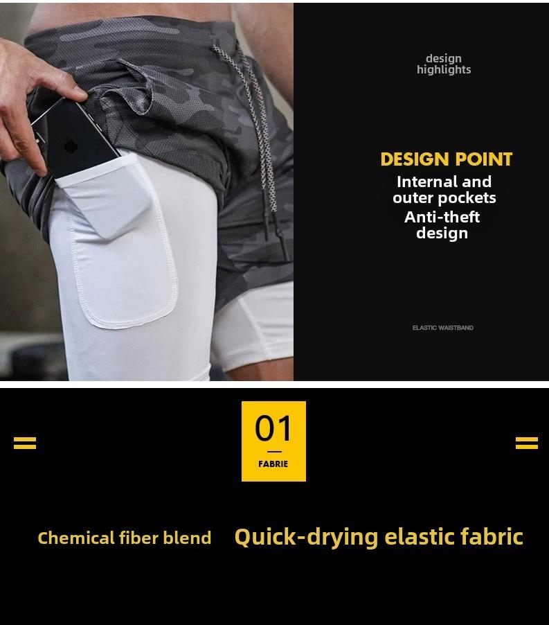 Pantaloni scurți de alergare, respirabili, cu uscare rapidă, pentru bărbați, cu buzunar pentru telefon - Design elastic de vară cu două straturi