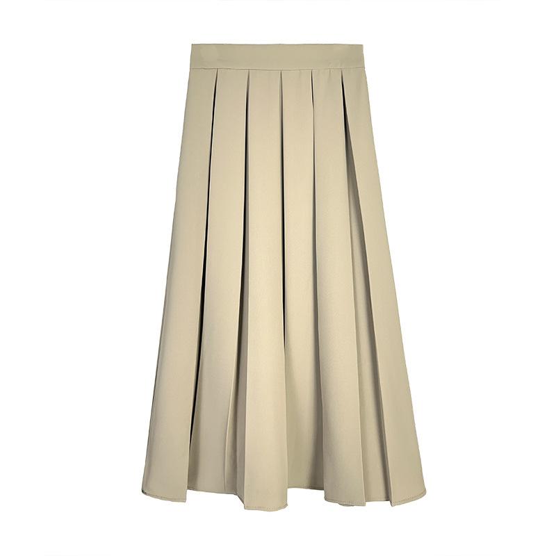 

Бежевый костюмный материал, плиссированная юбка до половины тела, новинка весны 2023, большая юбка с эластичной резинкой на талии, длинная юбка трапециевидной формы по краю, корейский стиль One Size темные хаки