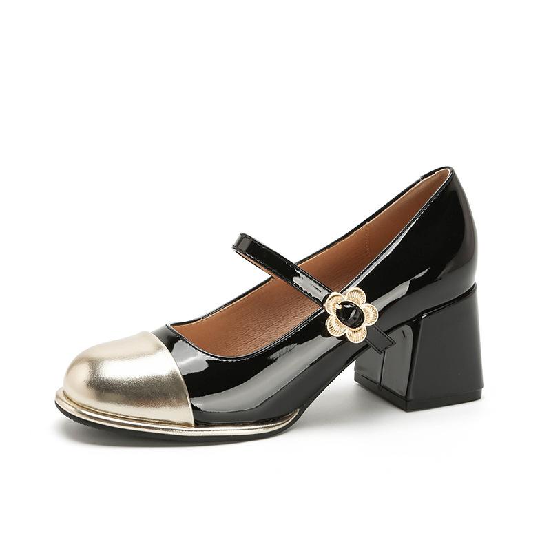 Splicing Color Thick Heel Mary Jane Word with High Heels Not Tired Feet Single Shoes Women's Evening Shoes