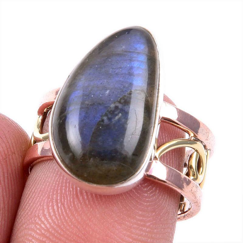 

Natural Labradorite Gemstone 925 Solid Silver Jewelry Two Tone Ring S.7US D4u00