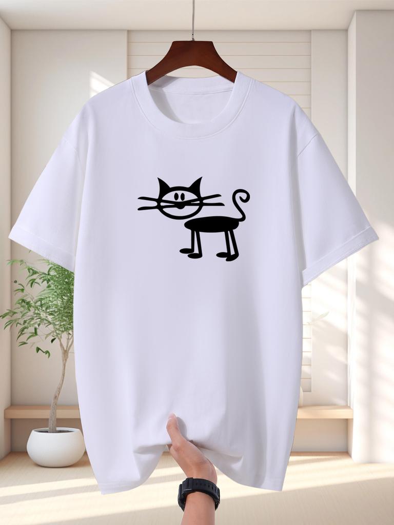 Hand Drawn Line Cat Print Unisex Short Sleeve Tshirt Simple Stick Kitty O Neck Tee Minimal Pet Fan Casual Male Street Fashion Tops