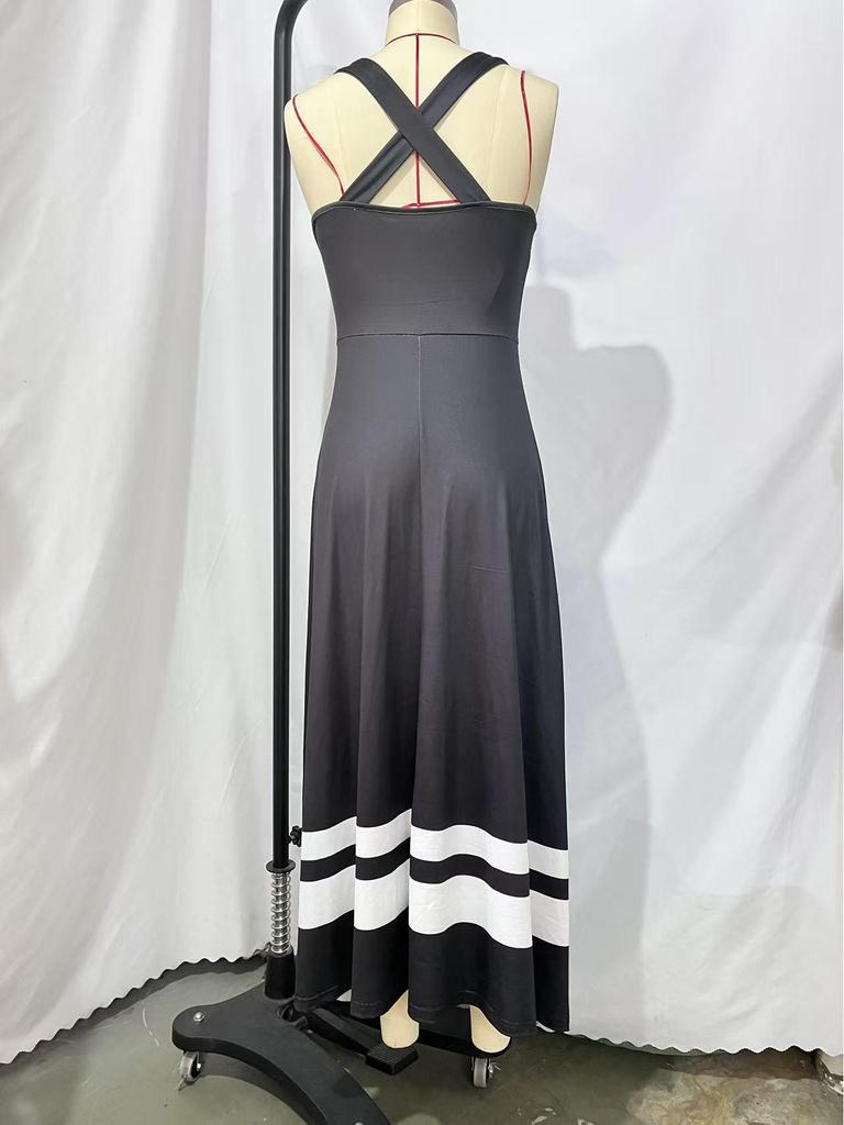 Elegantes Colorblock Ärmelloses U-Ausschnitt Kreuz Offener Rücken Schwarz-Weiß Langes Kleid für Damen