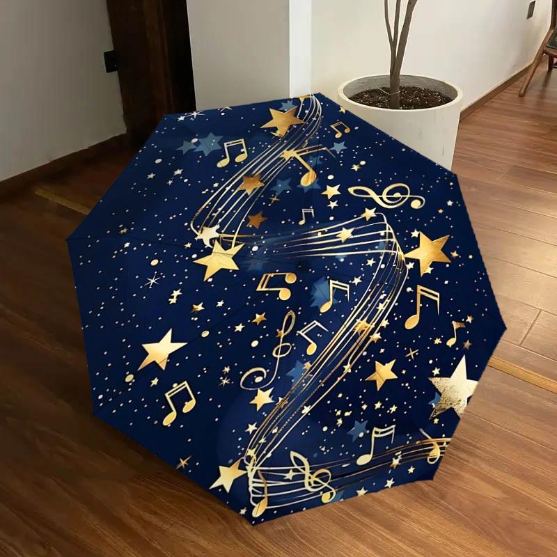 

Golden Musical Notes & Stars Automatic Opening/Closing Umbrella - Portable Tri-Fold Design with 8-Bone Iron Frame, Perfect for Festivals, Tr