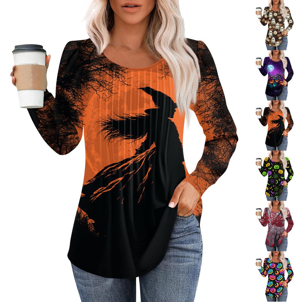 Women Casual Long Sleeve T Shirt Round Neck Pleated Halloween Print Top Lightweight Comfortable Fit Suitable for Everyday Wear