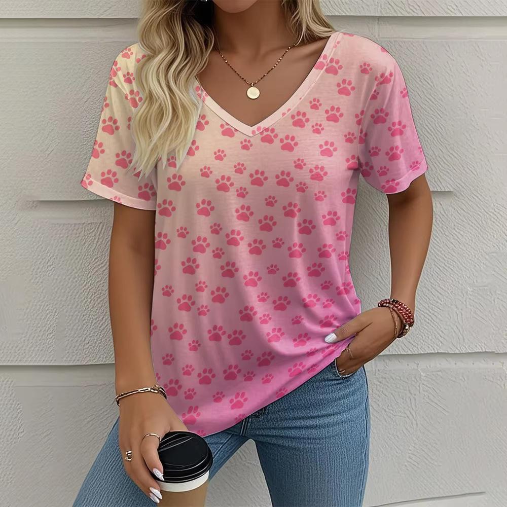 Summer V-neck 3D Printed Cat's Paw Pattern Top Fashionable Casual Short Sleeved Women's T-shirts