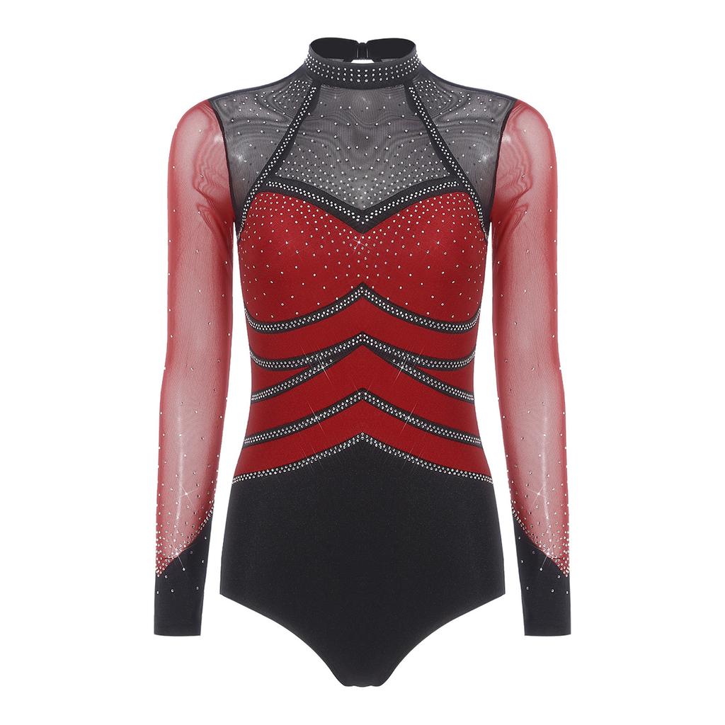 S-XXL Damen Performance Bodysuit: Rhinestone-Netz-Langarm mit Rückenausschnitt & Druckknöpfen im Schritt für Gymnastik, Eiskunstlauf