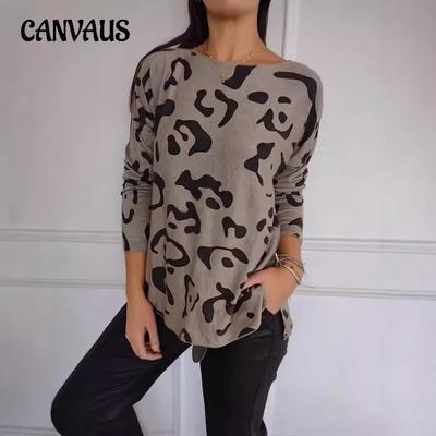 Moda Autunno Inverno Donna Casual Top a Maniche Lunghe Girocollo con Stampa Ghepardo